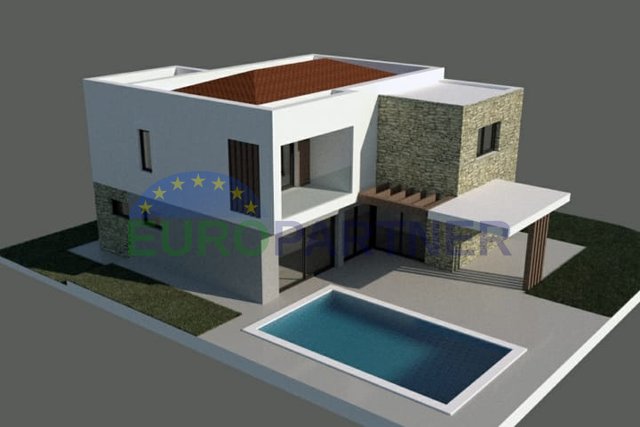A house with a swimming pool of modern design in the Rohbau phase, sea view