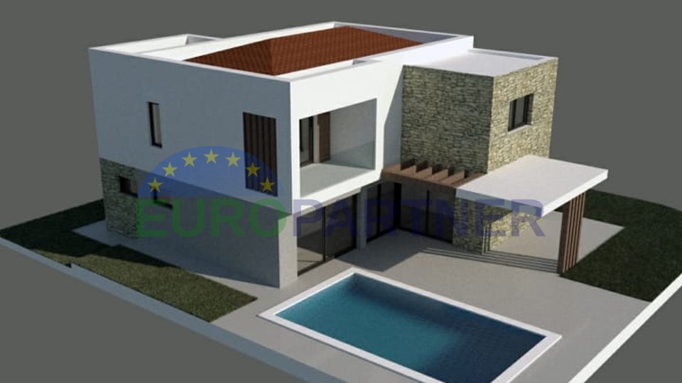 Ein Haus mit Swimmingpool in modernem Design in der Rohbauphase, ein schöner Blick auf das Meer