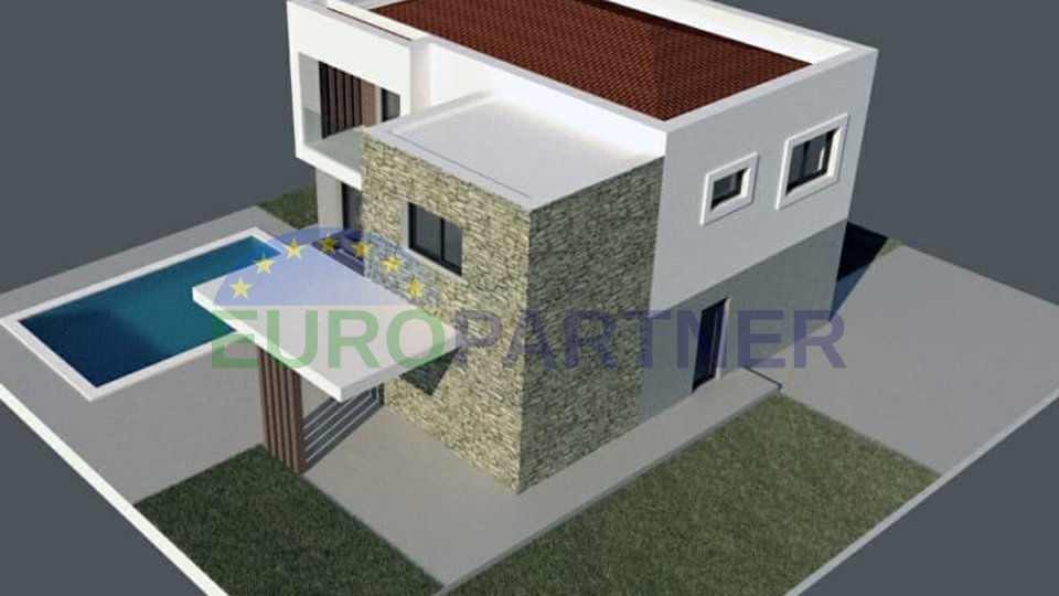 A house with a swimming pool of modern design in the Rohbau phase, sea view
