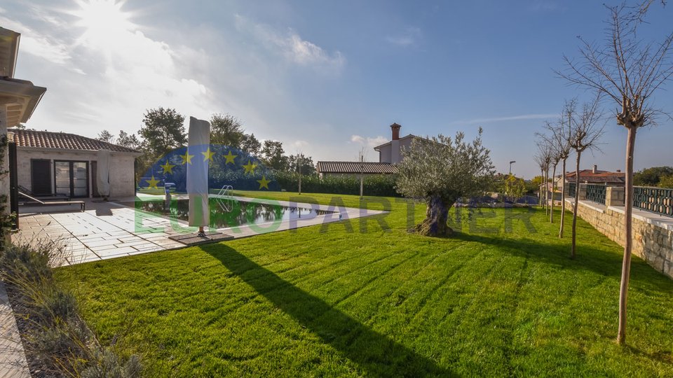 Eine moderne Villa mit Swimmingpool und großem Garten